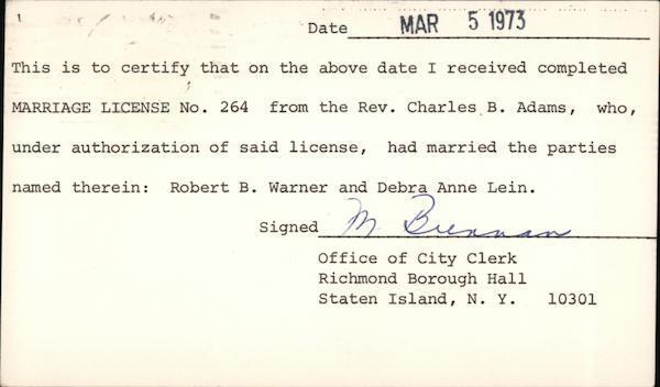 Postal Card 1973 Staten Island,NY Marriage License Acceptance Richmond County
