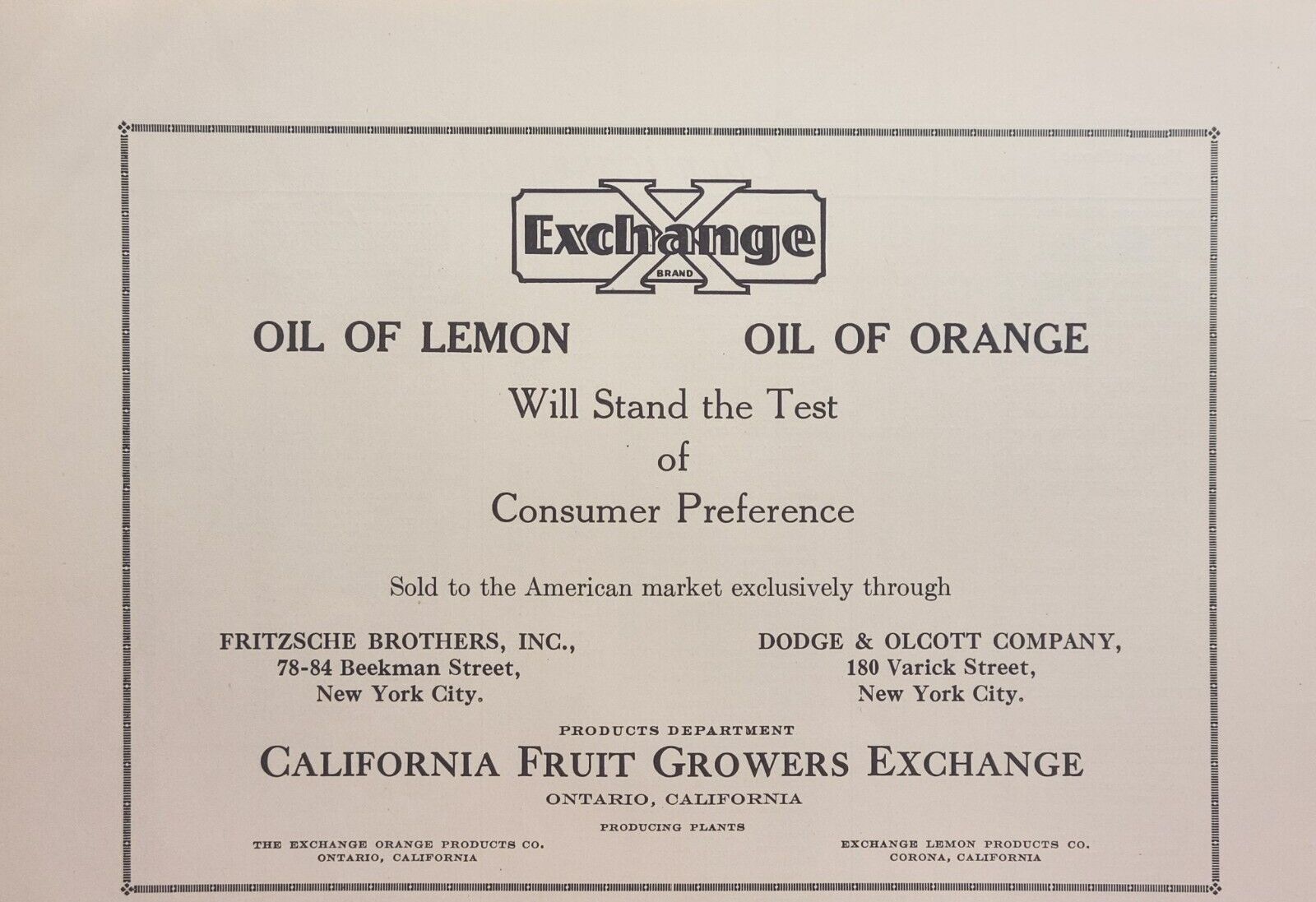Exchange Orange Oil Products Ontario CA Lemon Corona CA Vintage Print Ad 1931
