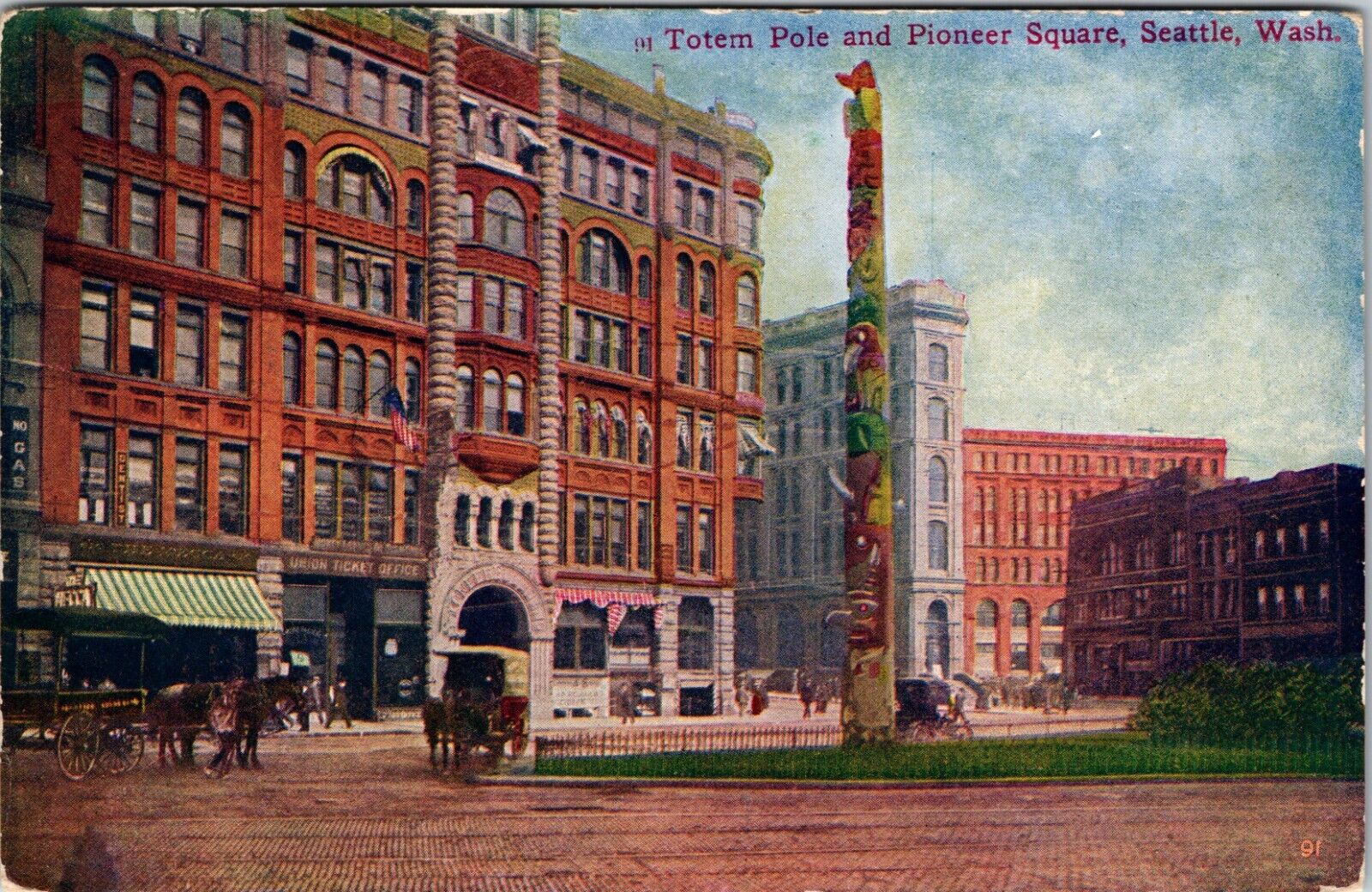 1907-1917 Post Card Seattle Washington Totem Pole Pioneer Square Horse & Wagon