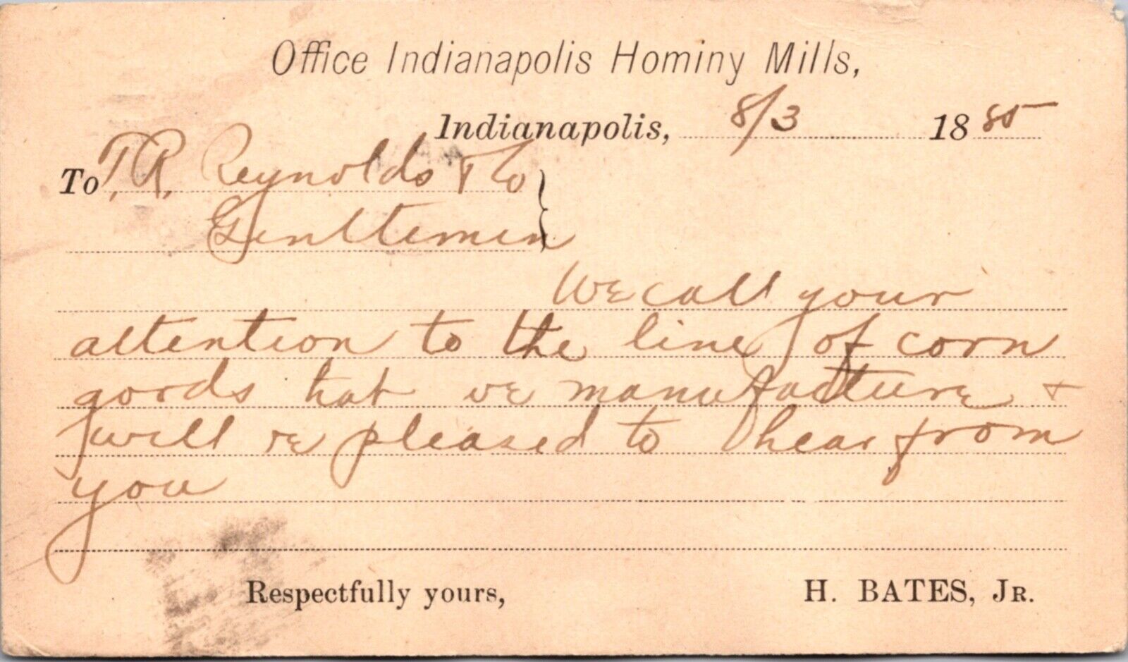 1885 Receipt Postcard Office Indianapolis Hominy Mills, Indiana