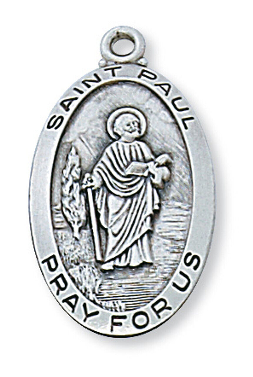 Saint Paul Sterling Silver Pandent 24 Inch Rhodium Plated Catholic Jewelry Chain