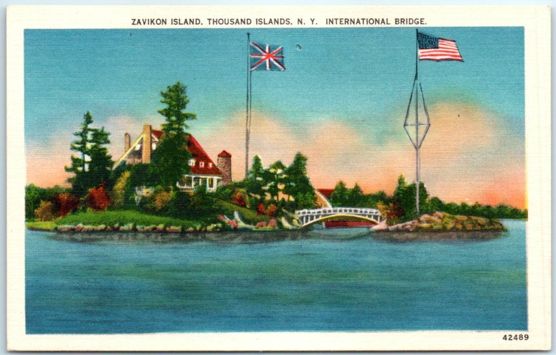 Postcard - Zavikon Island, Thousand Islands, New York, International Bridge
