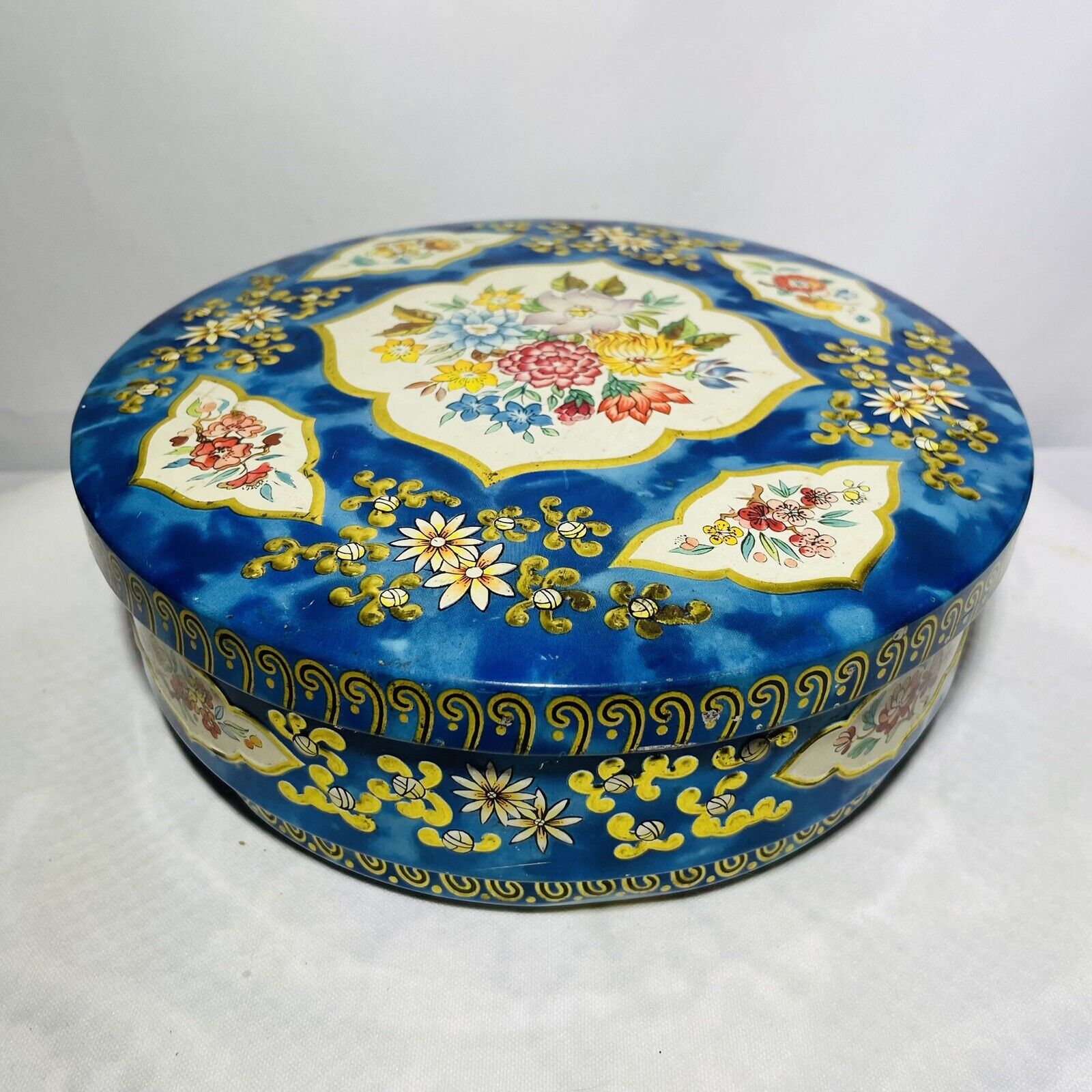Vintage Huntley & Palmers Biscuit Tin Liverpool England Blue Floral Gold Round
