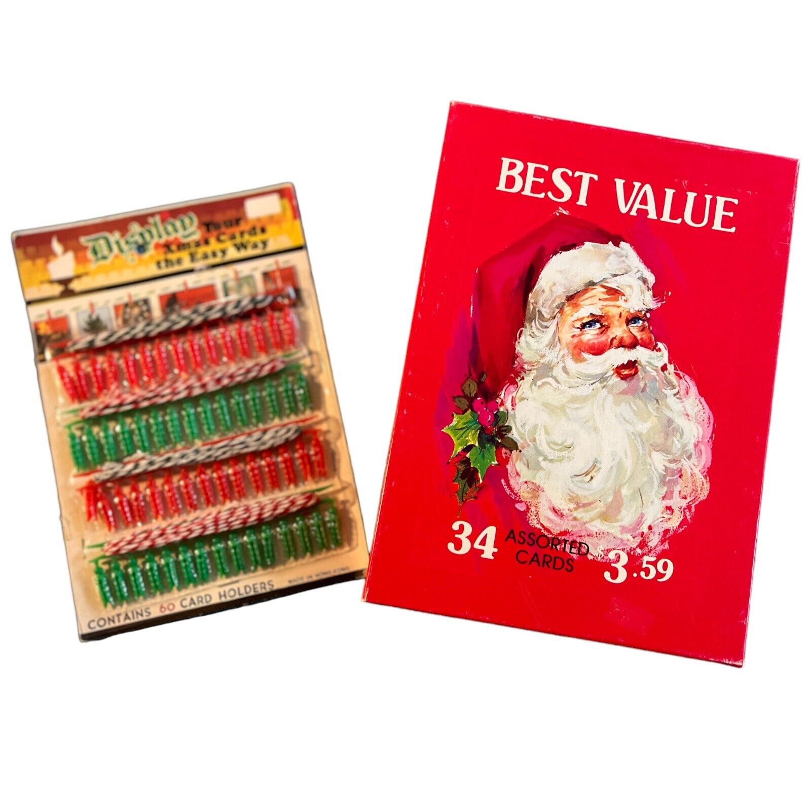 VTG 70s Christmas Card Kris Kringle Empty Box & Card Clothespin Display Kit NOS