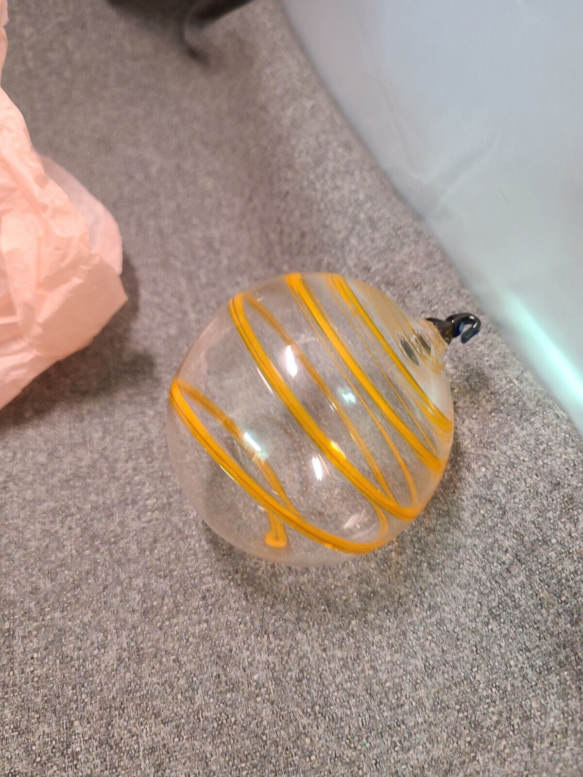 Christmas Ornament Hand Blown Glass Ball Orange W/swirl Design, Blue Hanger