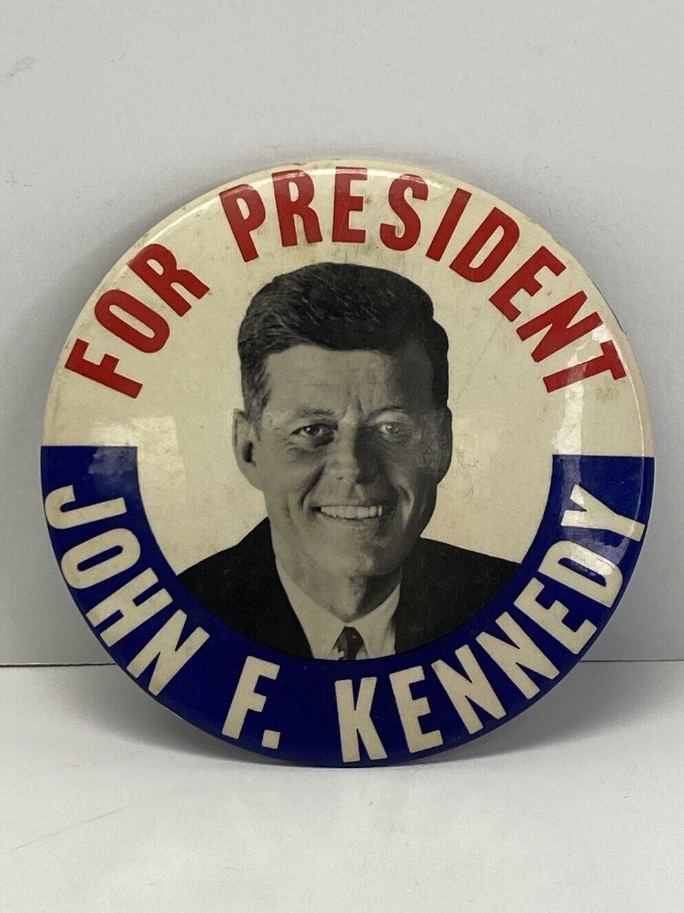 1960 LARGE JOHN F KENNEDY JFK Pinback Button Presidential 6” Round w/ Stand