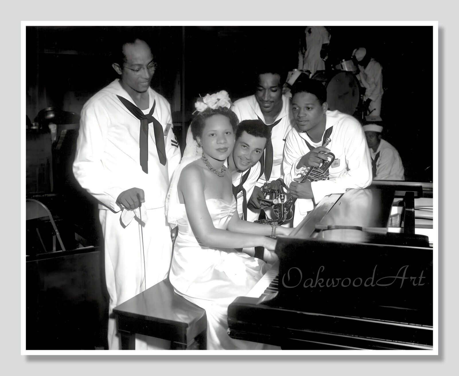 Black Bride on Piano Surrounded by Sailors c1940s, Vintage Photo Reprint