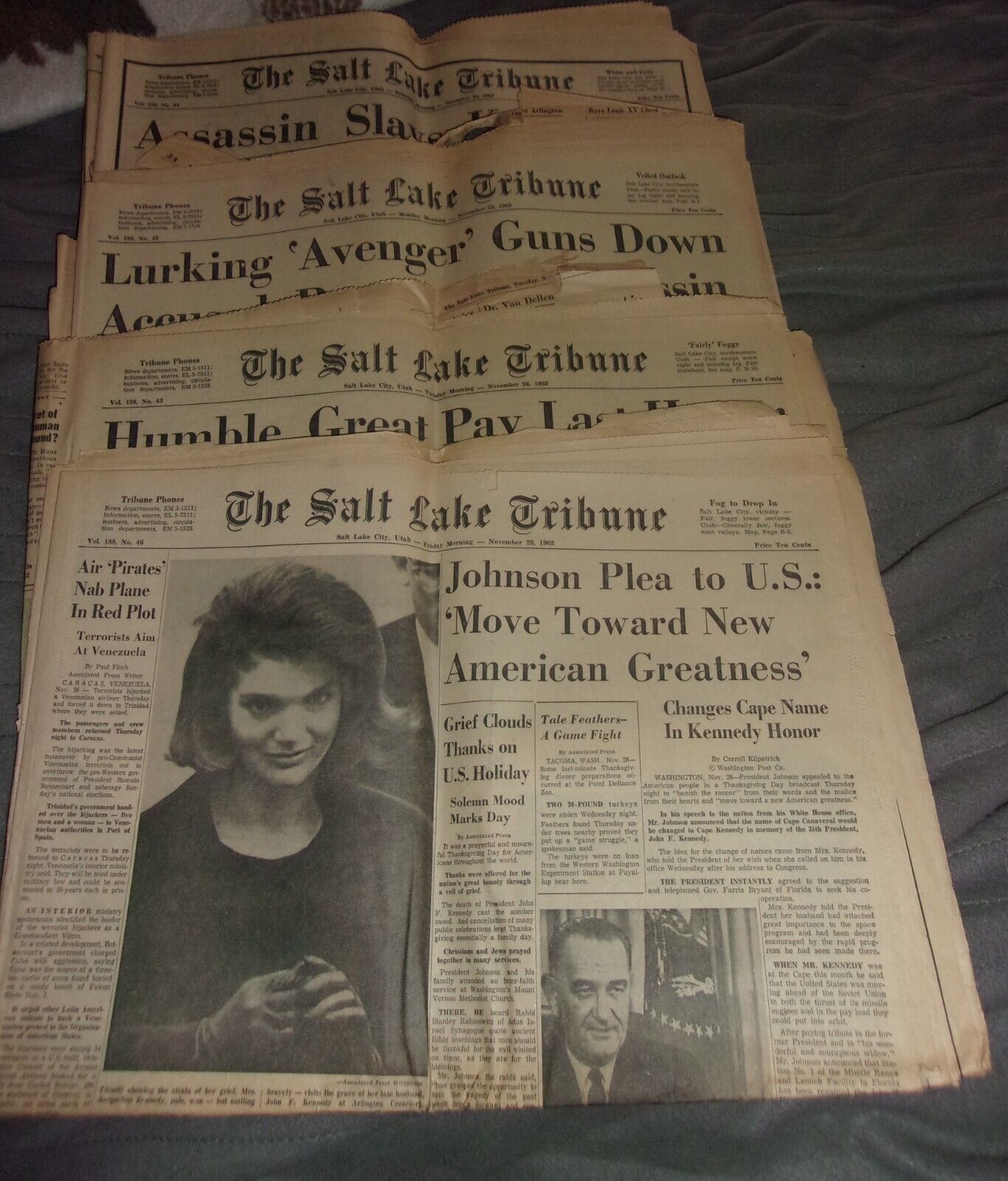 Salt Lake Tribune Assassinated President Kennedy November 23,25, 26 ,29 1963