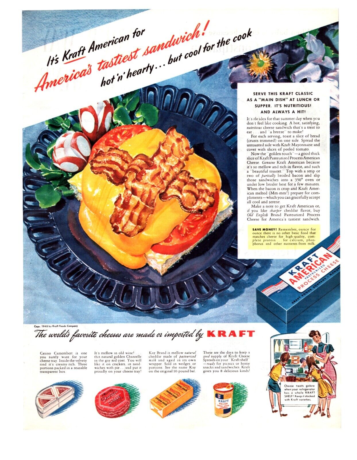 Vintage Print Ad 1947 Kraft American Pasteurized Cheese