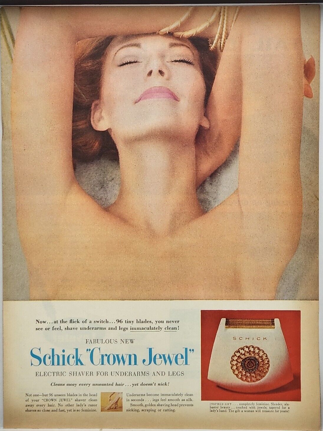 1960 Schick Crown Jewel Woman\'s Shaver Print Ad Poster Man Cave Art Deco 60\'s