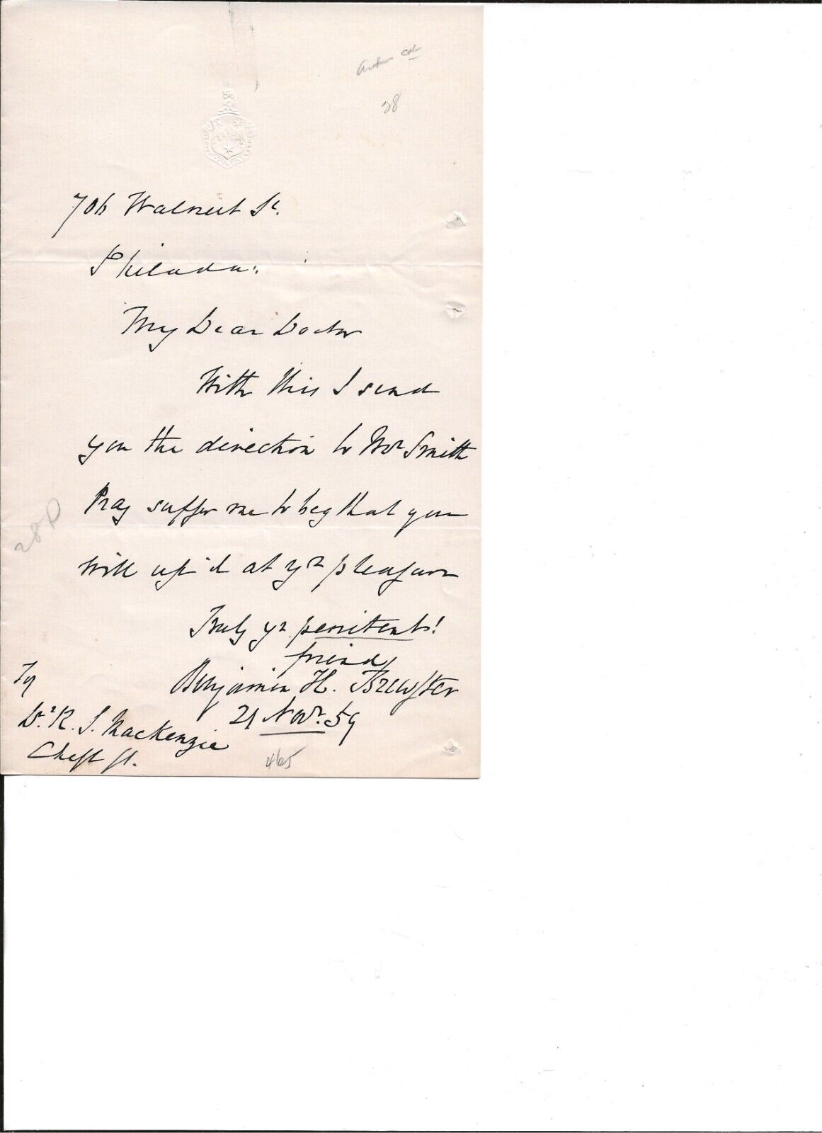 Benjamin Brewster 1859 ALS concerning an invite. Attorney General