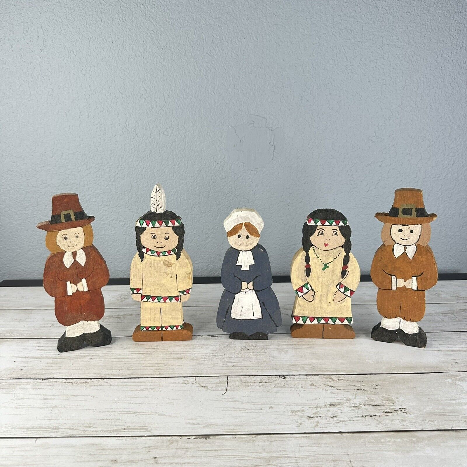 Vintage Set Of 5 - Hand Painted Wooden Pilgrims & Indians Thanksgiving Folk Art