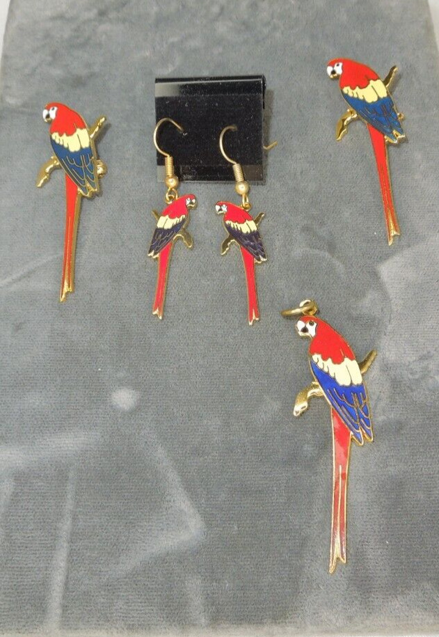 NEW Scarlett Macaw parrot drop earrings, charm & 2 pins NOS *Q