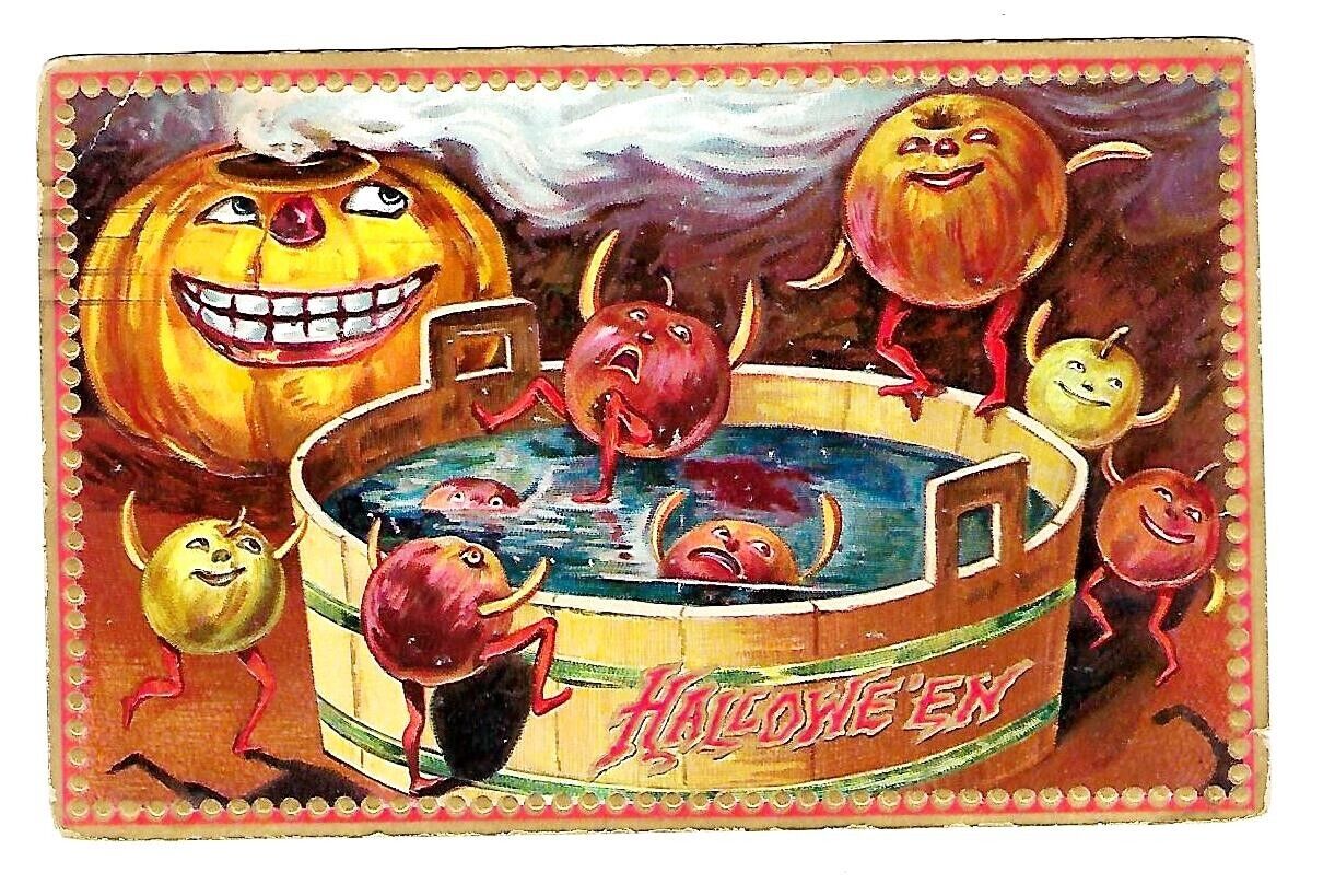 c1909 Tucks #160 Fantacy Halloween Postcard Pumkins & Apple Swimming