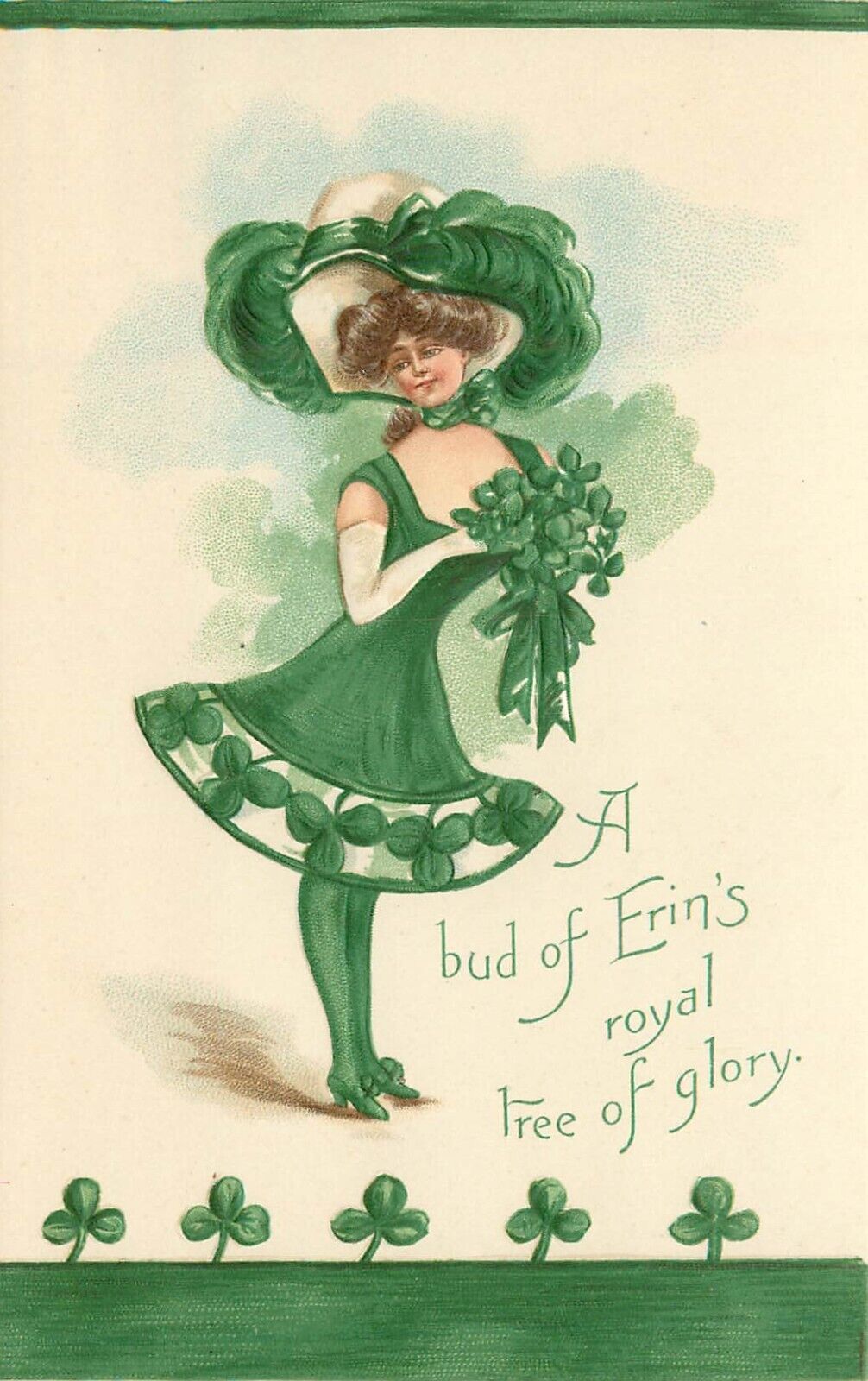 Embossed St. Patrick's Day Postcard Woman W/ Clovers Erin's Royal Tree L&E 2259