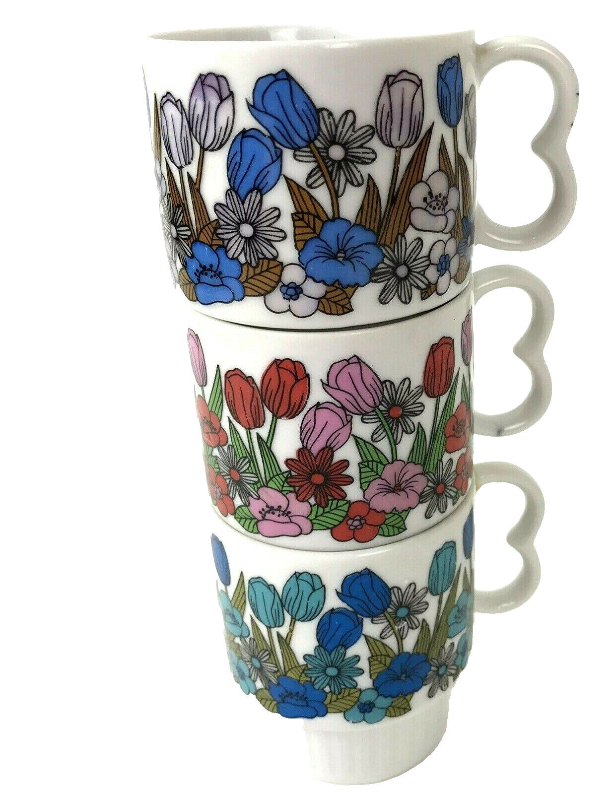 Vintage Coffee Tea Nesting Mugs Cups Floral Flowers Japan SI hippy retro cottage