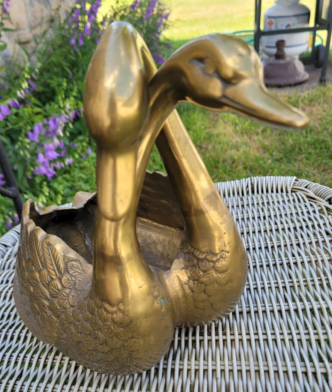 Vintage Brass Double Head Pair Swan Planter Loving Birds Natural Patina HTF