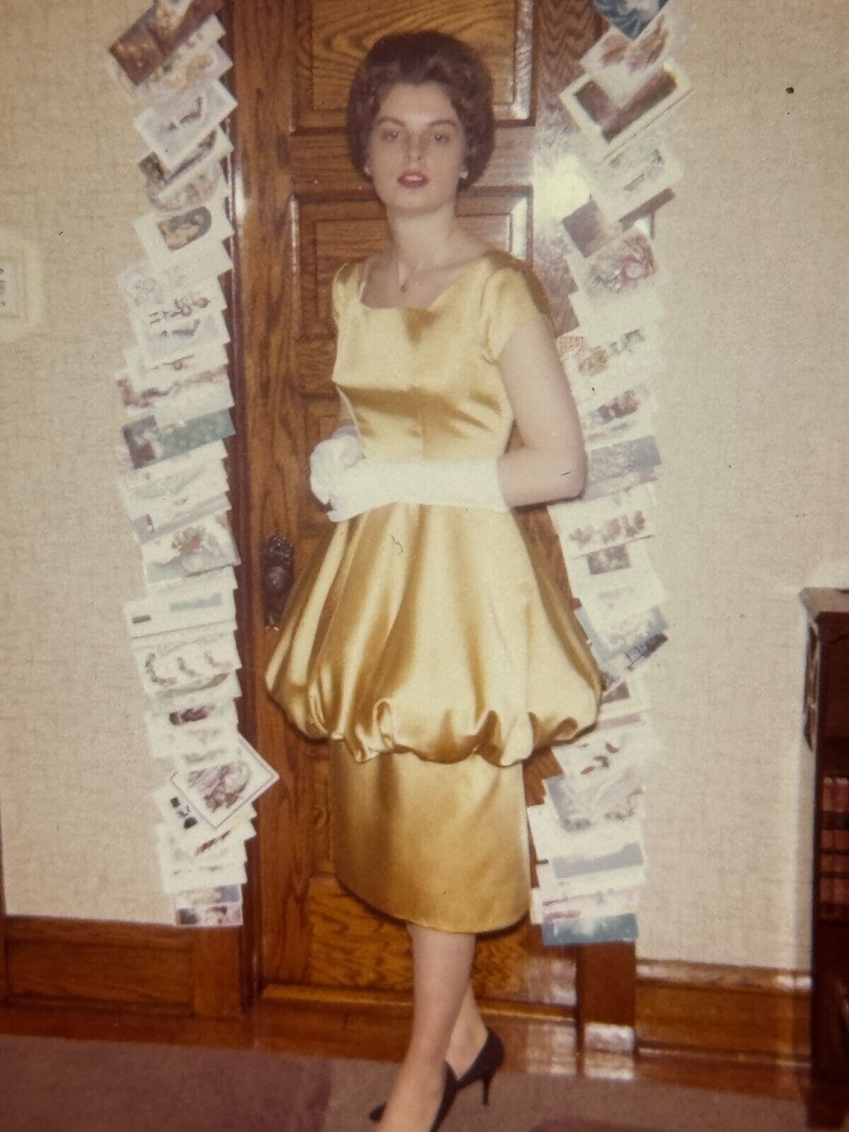 2G Photograph Beautiful Brunette Woman Shiny Gold Dress Gloves 1961