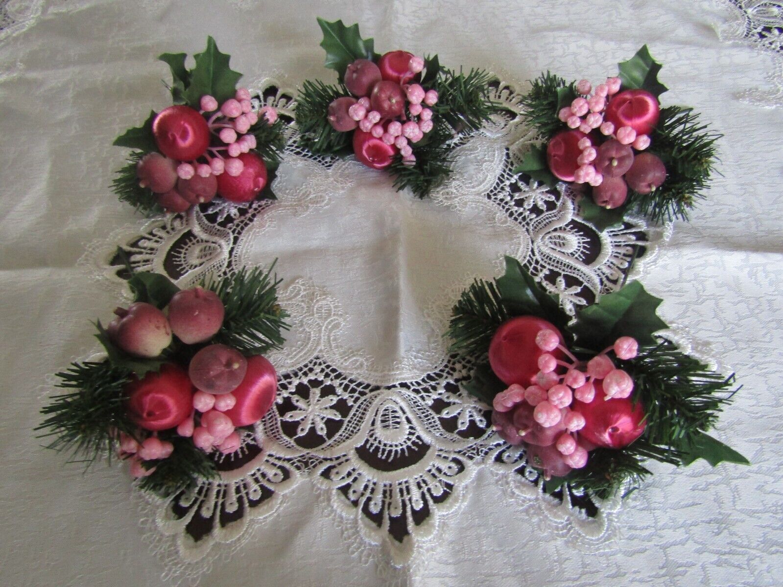 Vtg 5 Floral Xmas Picks Victorian Pink Flocked Apples/spun silk Balls 6