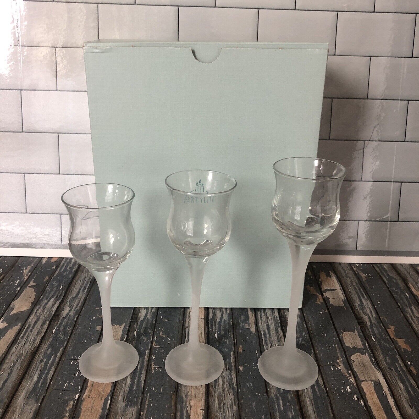 Partylite Iced Crystal Trio Set Frosted Stem Glass Votive Tealight Holder P9248