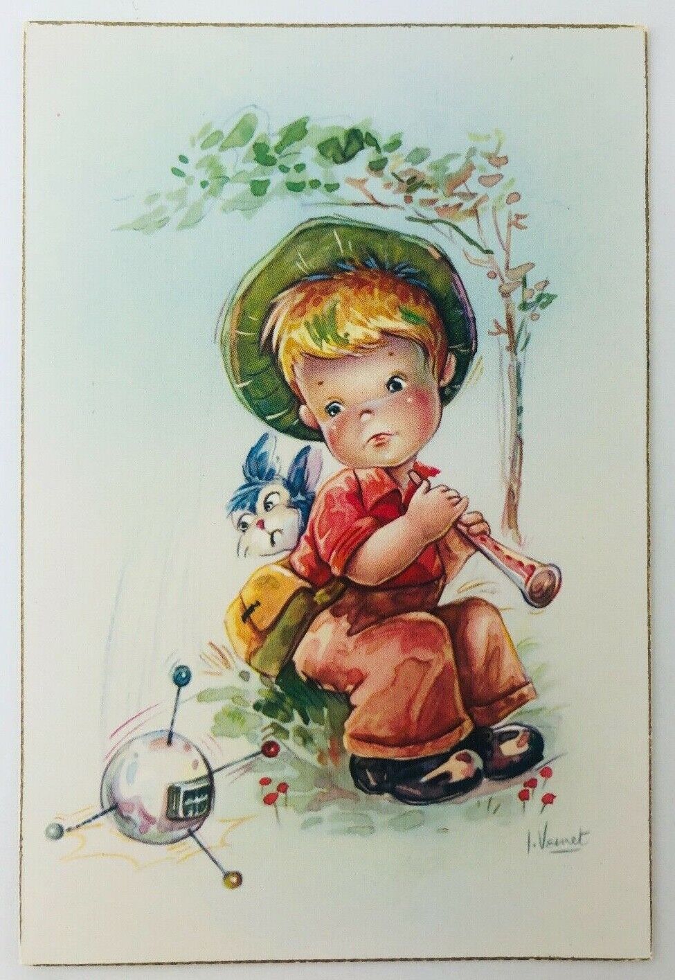 Vtg Little Boy and Rabbit Looking at Something by Artist I. Veinet from Spain