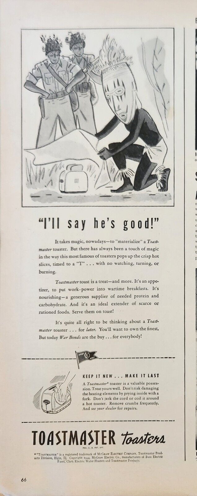 1944 Toastmaster toaster Vintage ad Ill say hes good