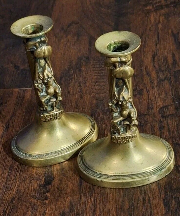 Antique C. 1890s English Dartmoor Pixie Brass Candleholder Pair, Cottagecore