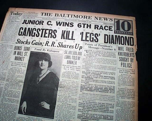 JACK 'LEGS' DIAMOND Gangster Mob Mafia MURDER Prohibition Era 1931 Old Newspaper