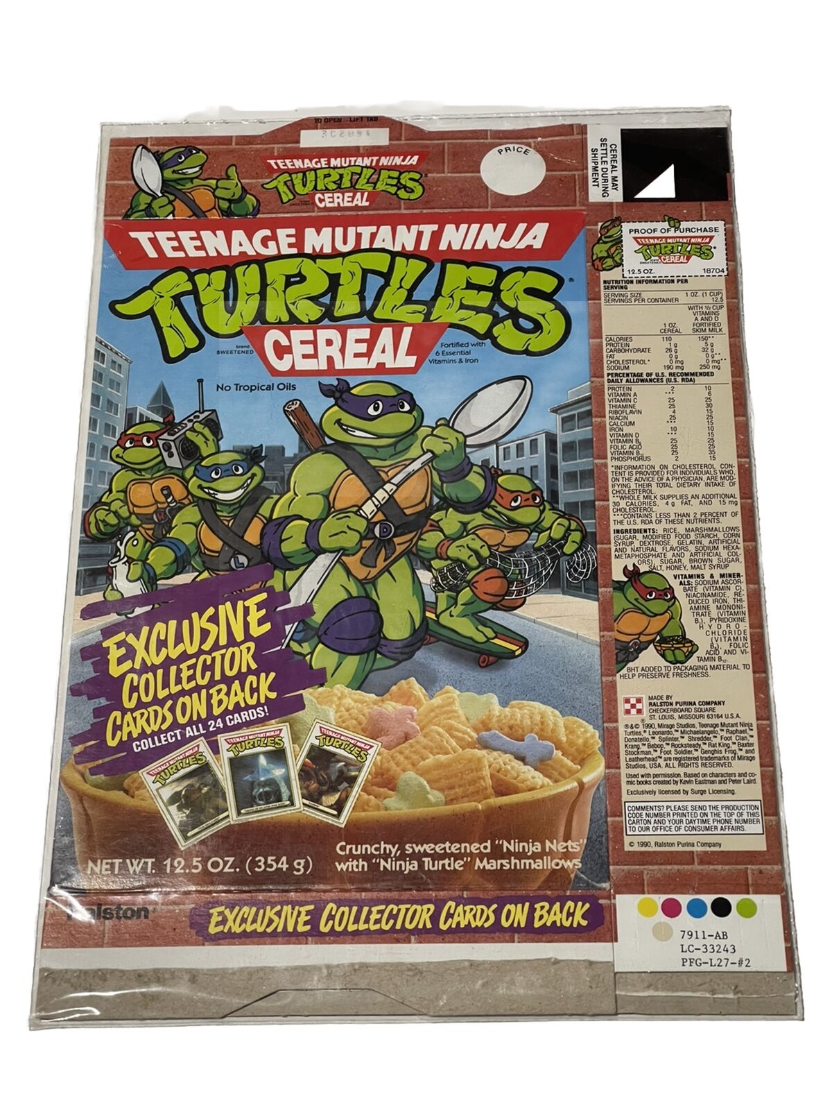 1990 Ralston TEENAGE MUTANT NINJA TURTLES Cereal Box W/ Uncut Cards On Back