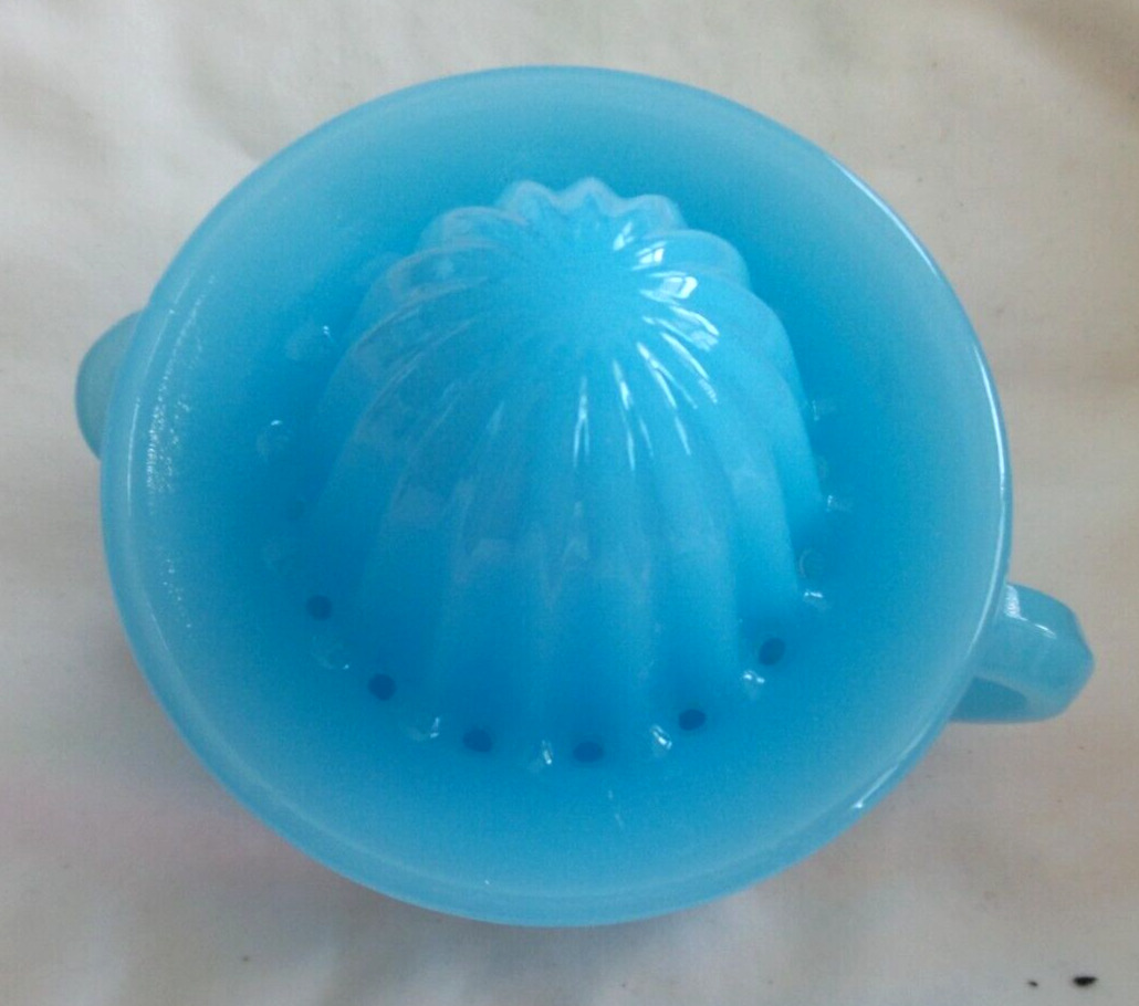 Vintage Edna Barnes 2 pc Reamer translucent Blue Milk Glass Mosser