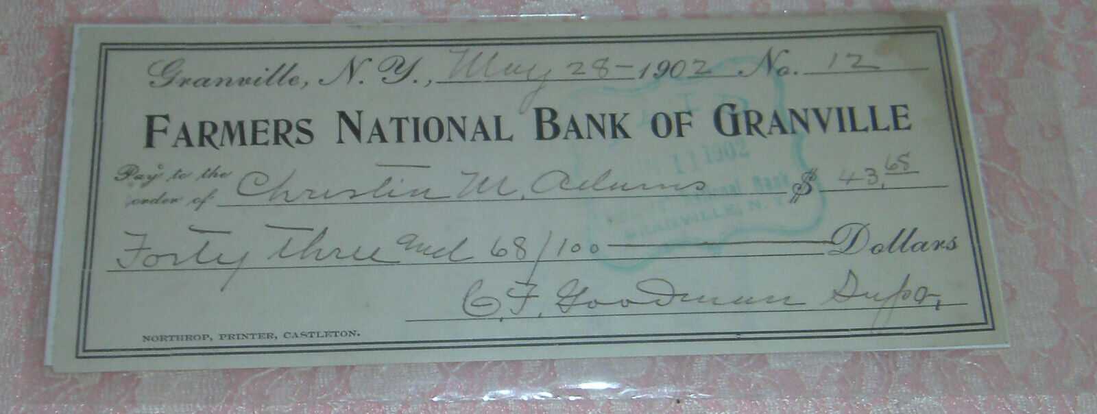 1902 Antique Check Farmers National Bank Granville, NY
