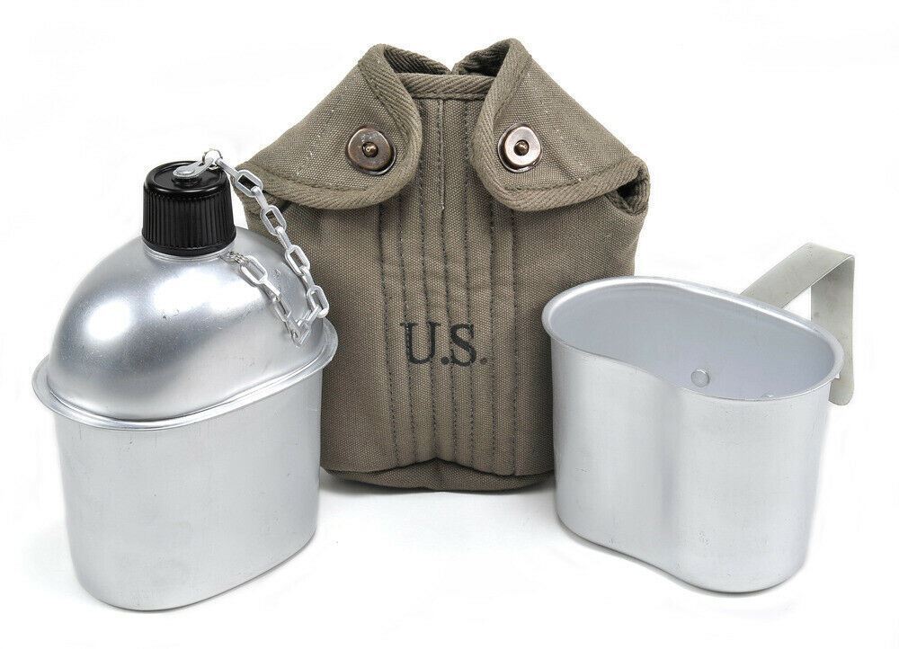 U.S. WW2 Canteen, Dark OD Canteen Cover dated 1944 and Canteen Cup