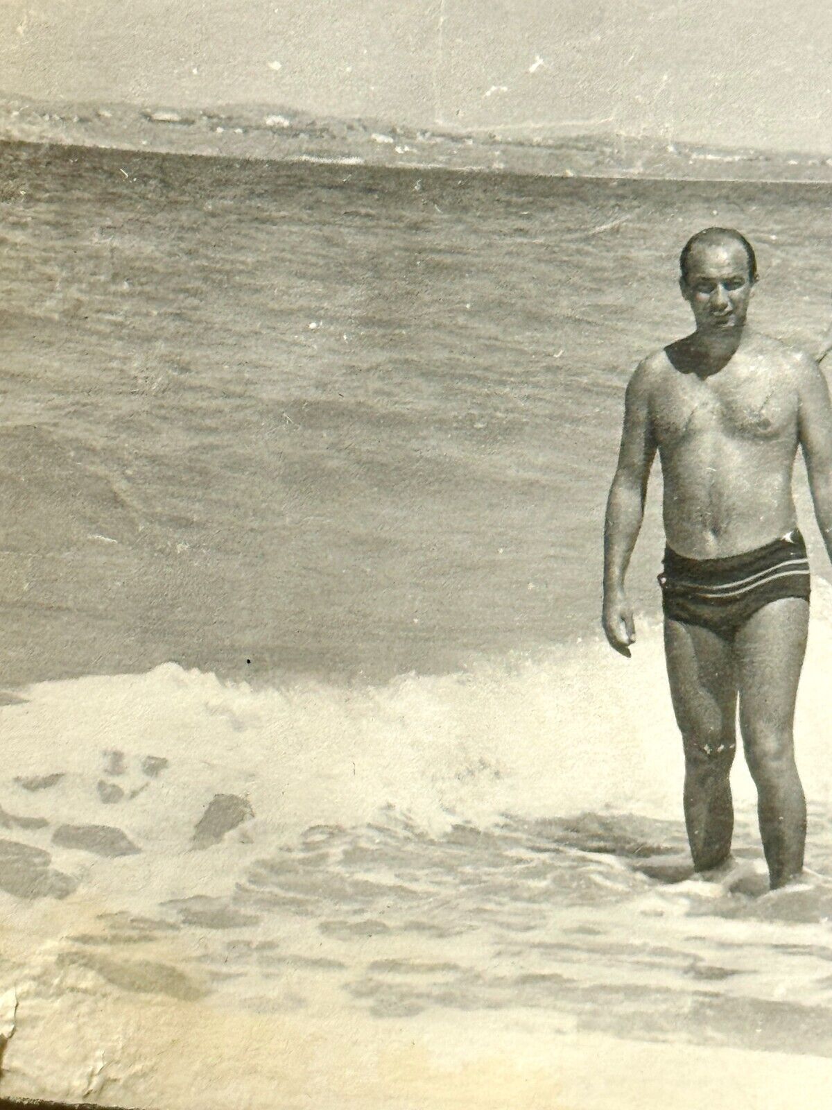 1960s Handsome Shirtless Man Trunks Bulge Beefcake Guy Beach VINTAGE OLD PHOTO
