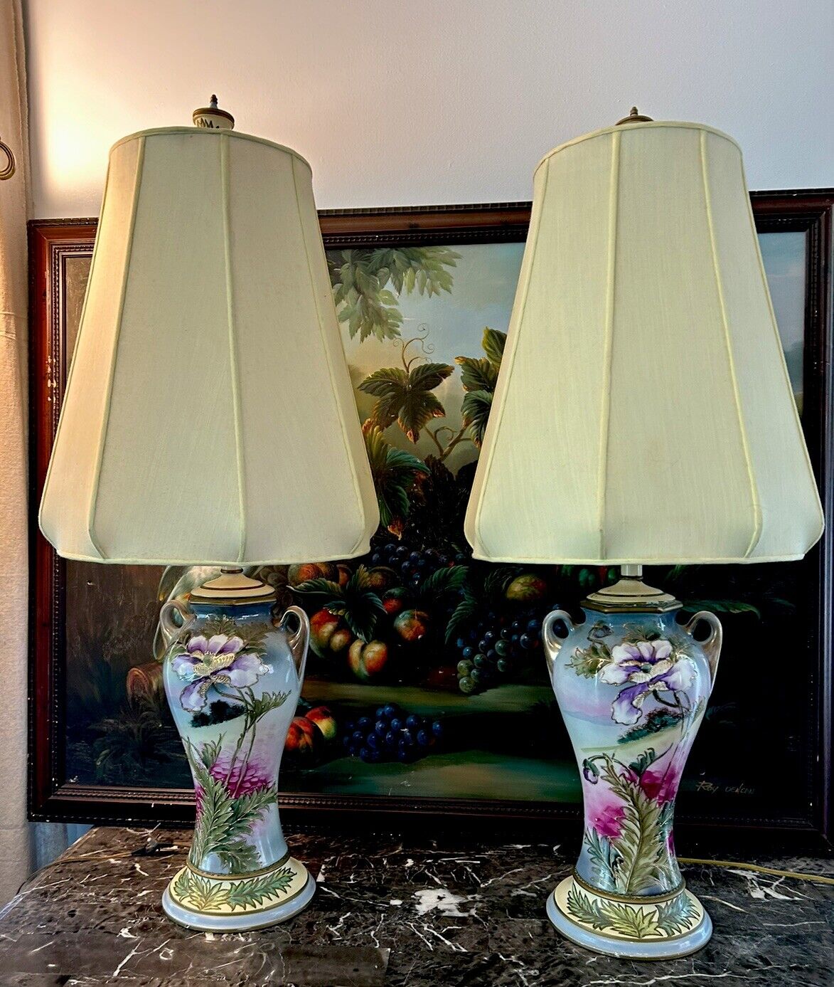 Set Of 2 Hand Painted antique porcelain lamps chinoiserie art Deco Art Nouveau 