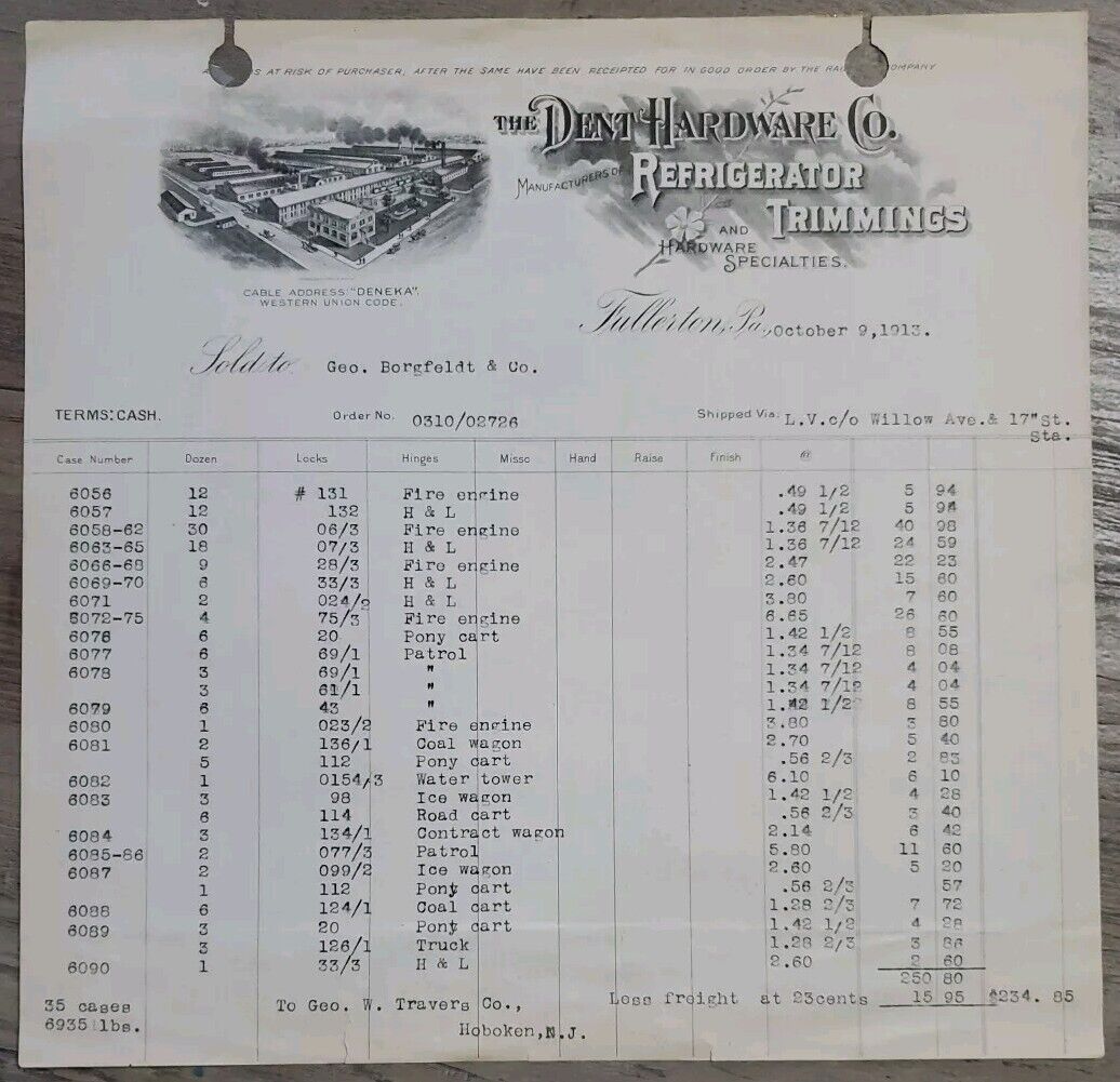 1913 The Dent Hardware Cast Iron Toys Price List Billhead Receipt Fullerton PA