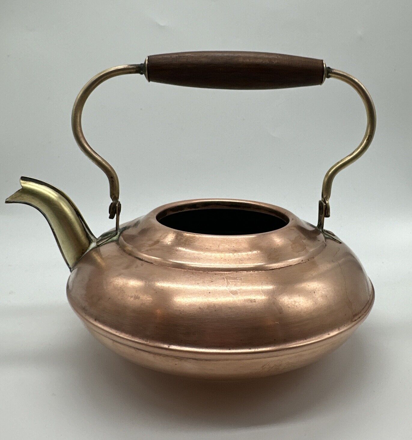 Vintage Two-Toned Copper/Brass Kettle With Wooden Handle No Lid Made in Holland