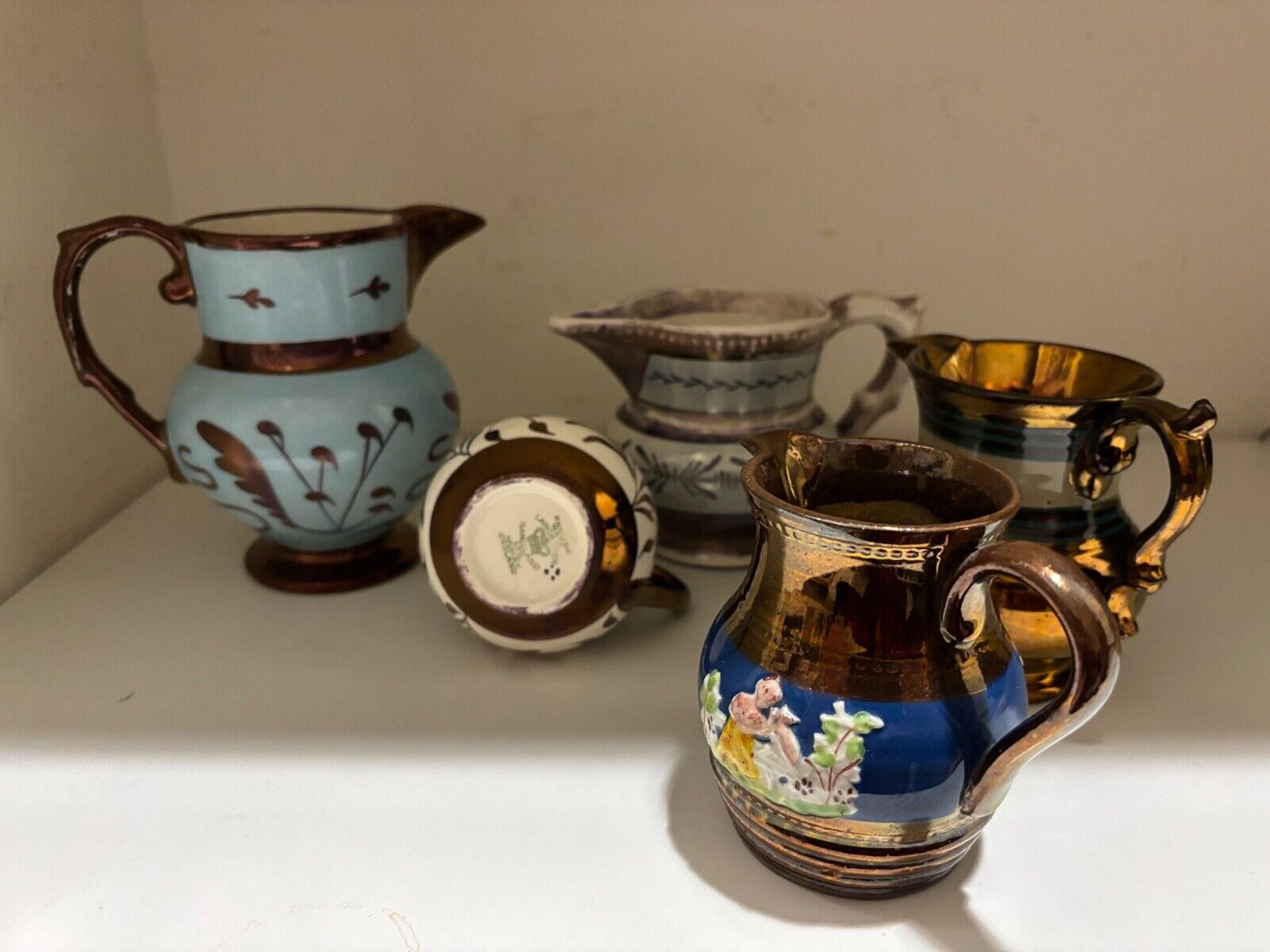 Lot of five Antique Copper Luster Pitchers 3-6 inches English