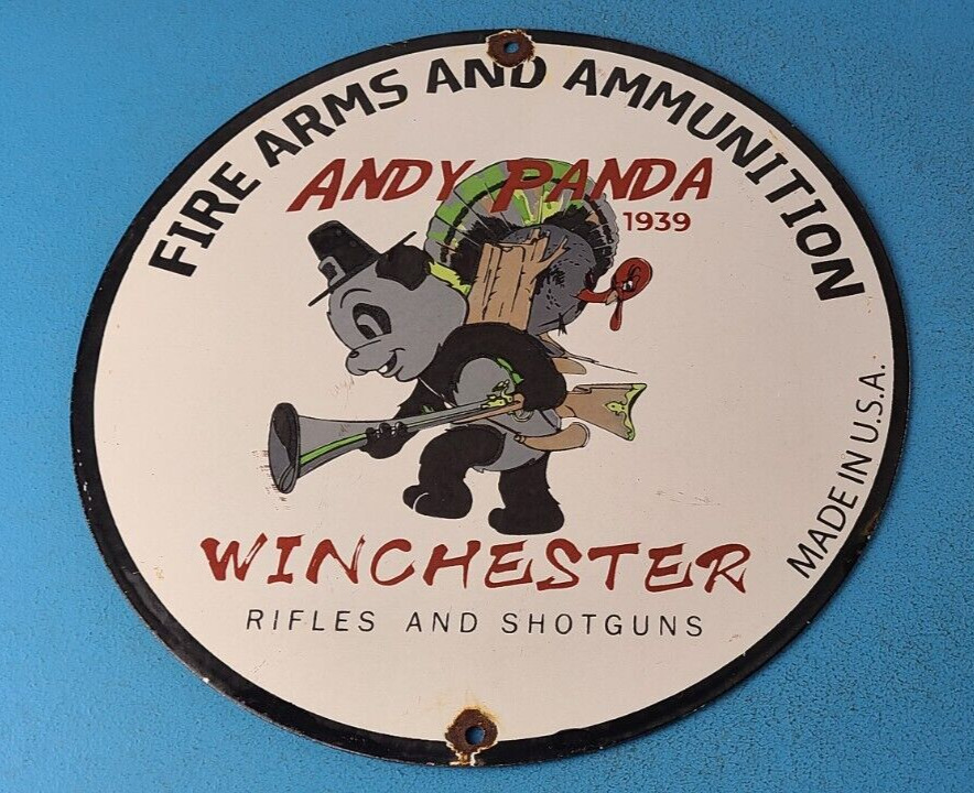 VINTAGE WINCHESTER PORCELAIN ANDY PANDA RIFLE DEALER GUN SHELLS GAS PUMP SIGN
