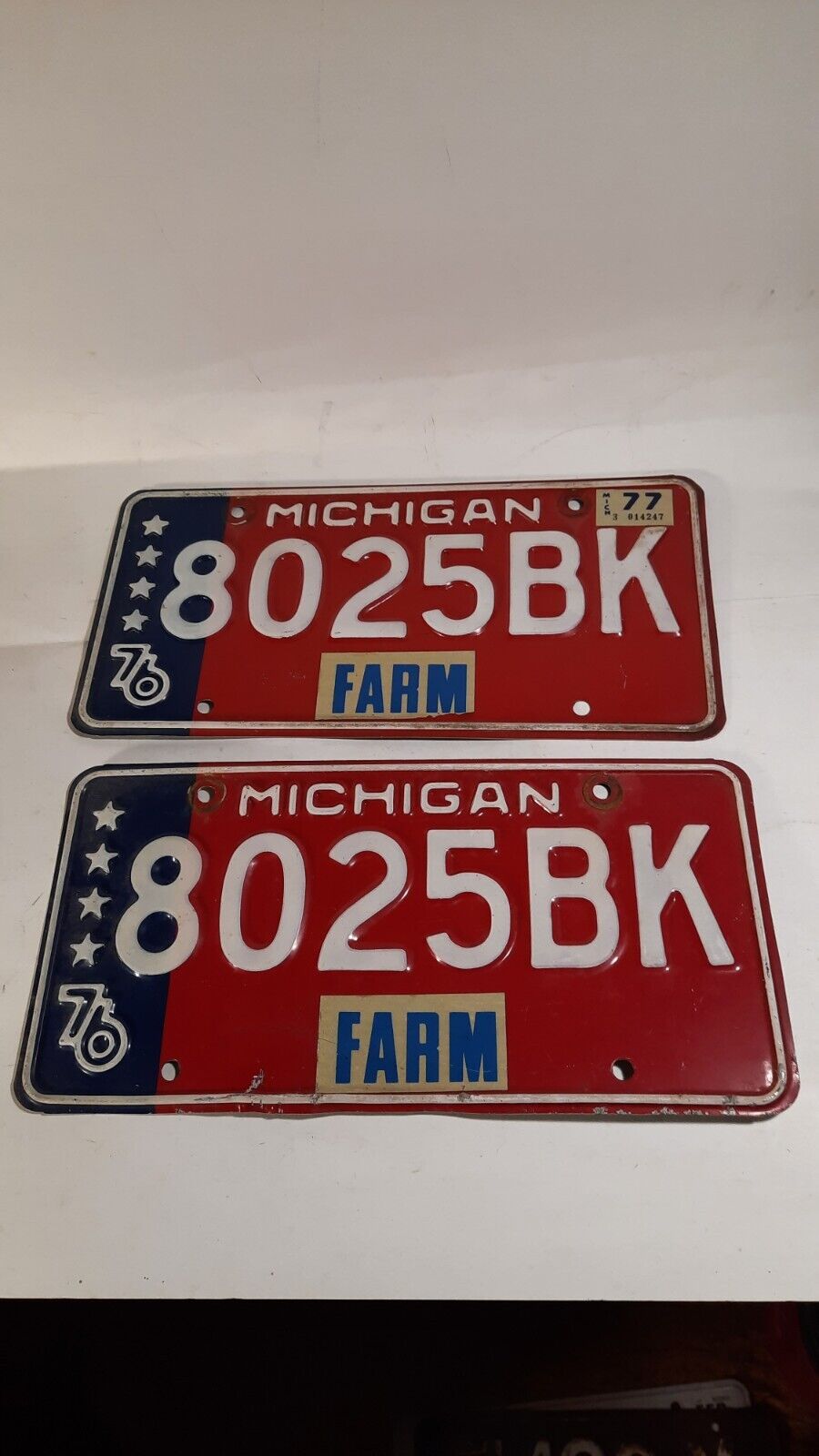 Two 1976 76 Michigan MI License Farm Plate Bicentennial