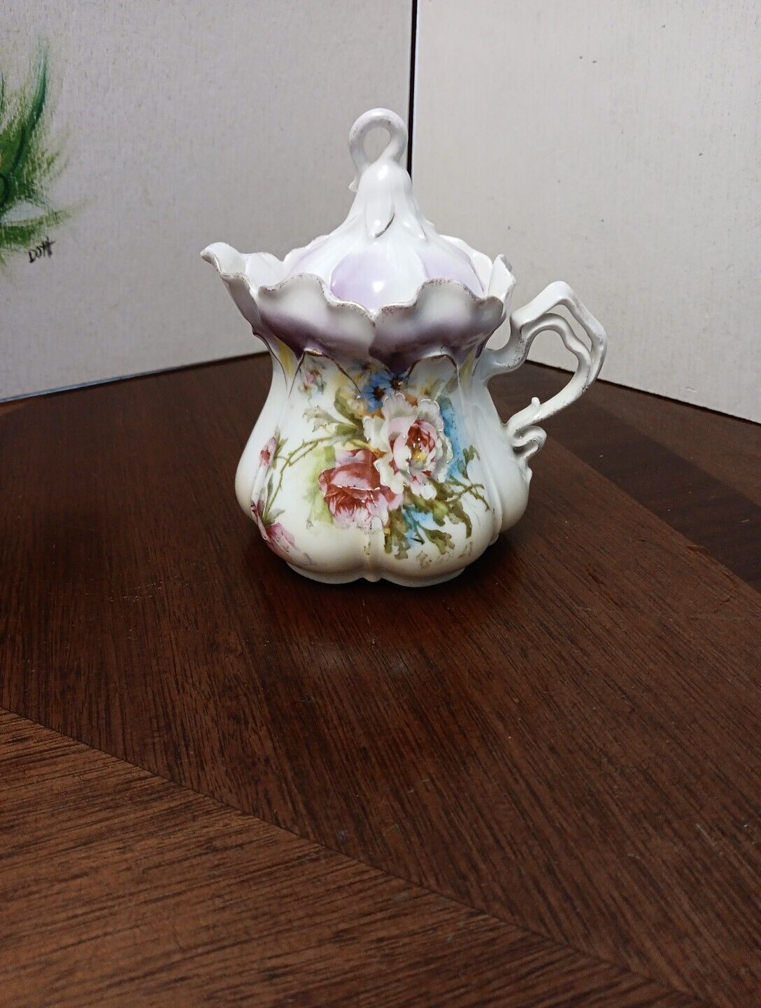 Antique RS Prussia??  Syrup Pitcher with Lid Pink Roses Scalloped Rim