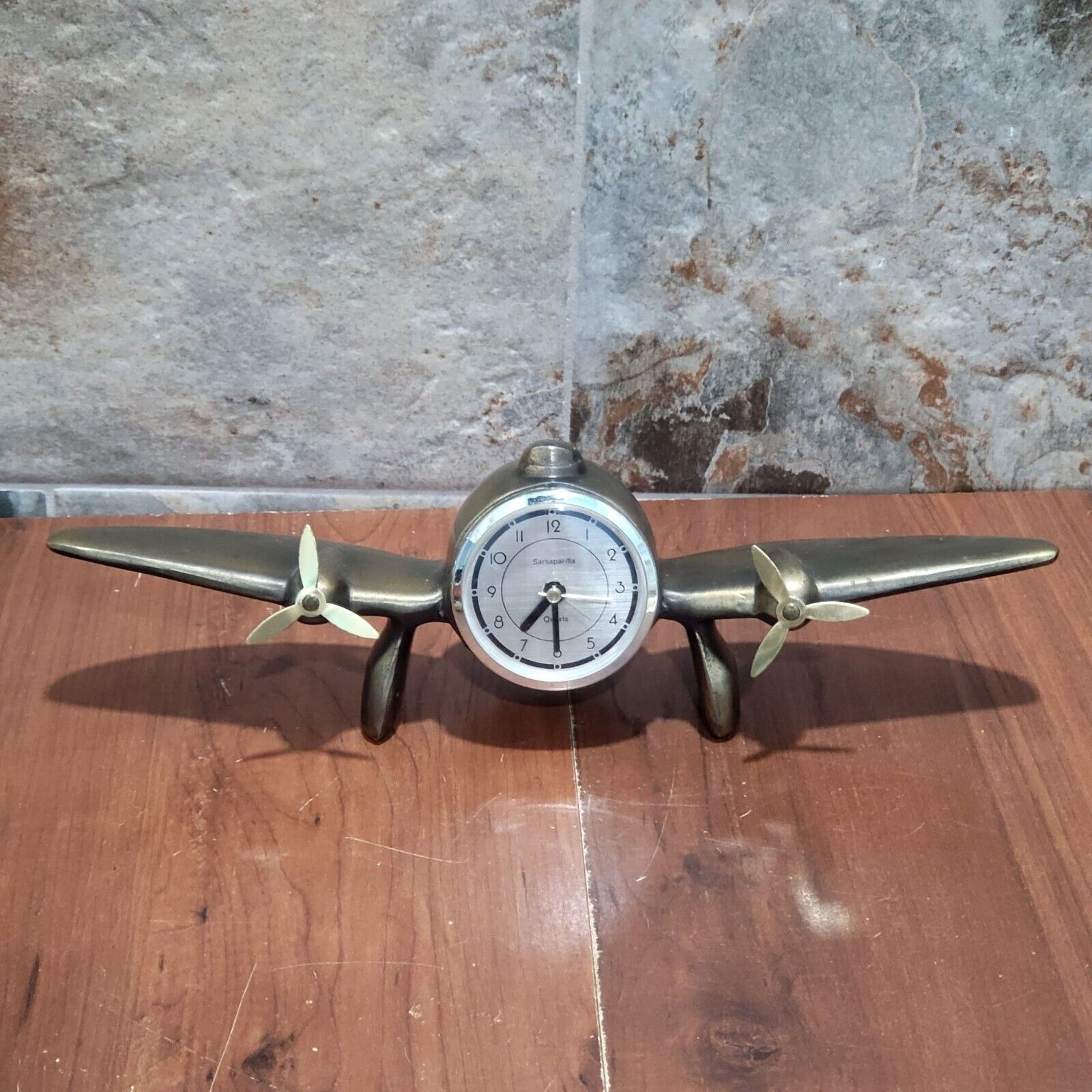 Vintage Sarsaparilla Quartz Propeller Airplane Brass Bronze Desk Clock Alarm Bat
