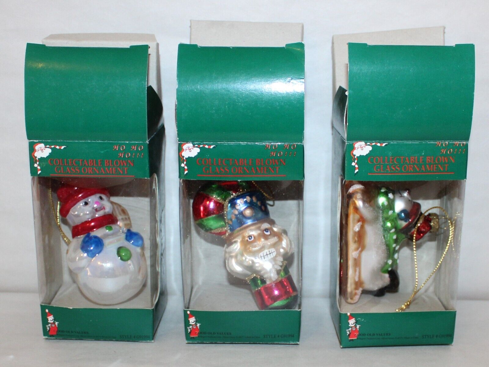3 Collectable Hand Painted Blown Glass Christmas Tree Ornaments In Box NOS #C4