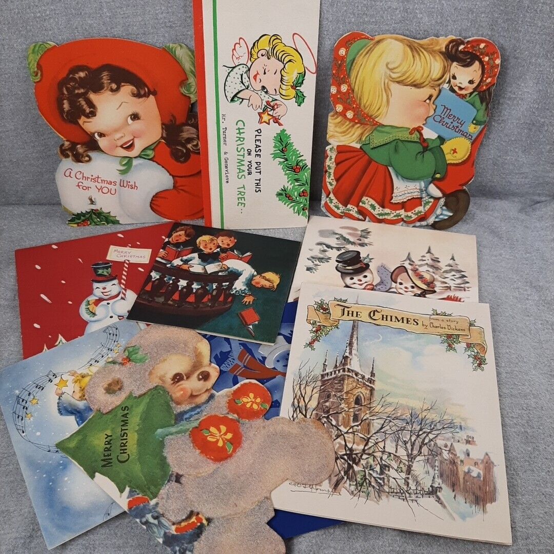 1950s Christmas Card Lot Used, Little Girls, Snowman, Flocked, Angel, Money Card