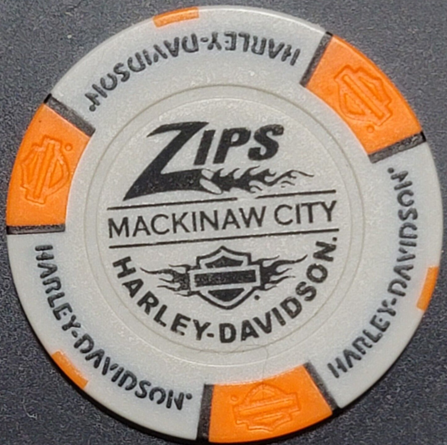 ZIP'S MACKINAW CITY HD ~ MICHIGAN (Gray/Orange) Harley Poker Chip
