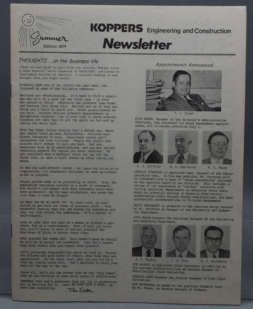 Vintage Koppers Engineering & Construction Summer Edition 1974 Newsletter mv