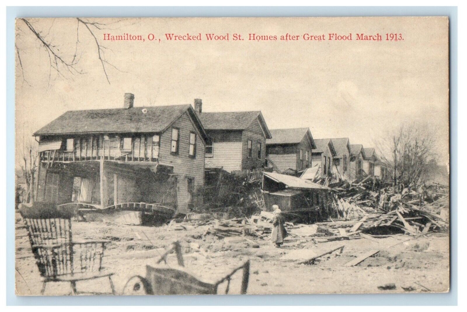 1913 Wrecked Wood St. Homes after Great Flood Hamilton Ohio OH Postcard