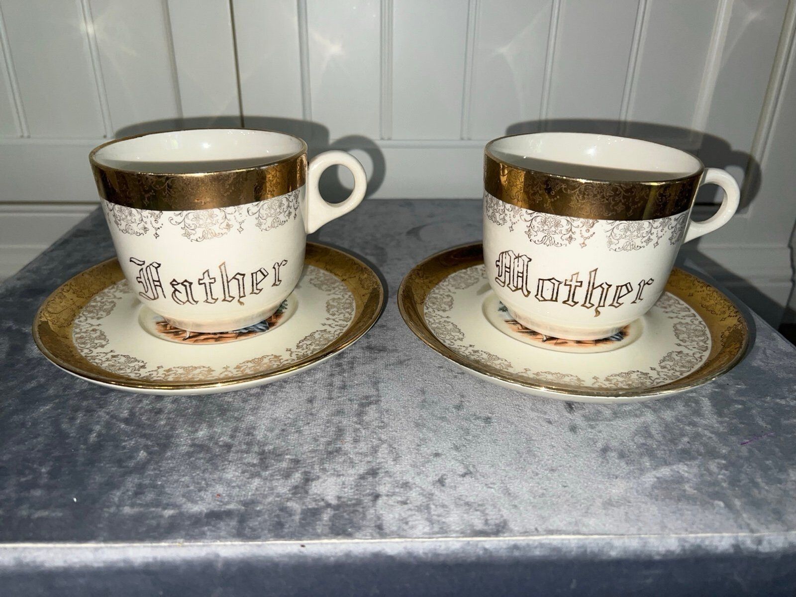 Vintage Sabin Tea Set 22K Gold Trimmed, Rare Mother & Father Cups Saucers set