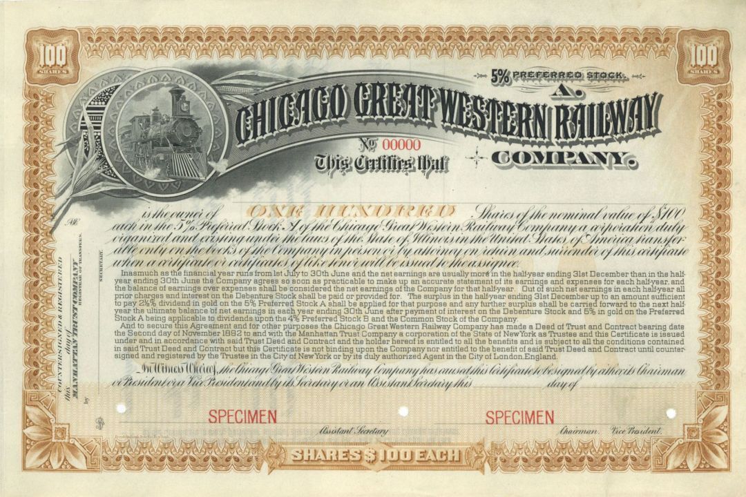 Chicago Great Western Railway Co. - Specimen Stock - Specimen Stocks & Bonds
