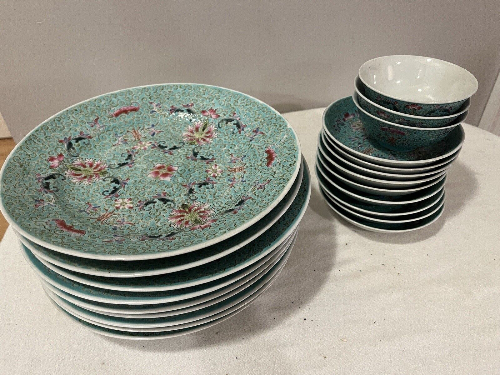 Vintage Lot Dishes + Bowls Jingdezhen Hand-Painted Porcelain Chinese Turquoise