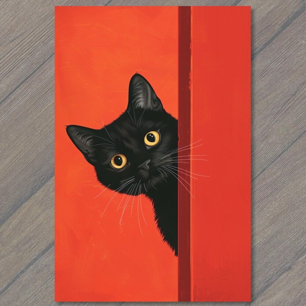 POSTCARD Black Cat Yellow Eyes Pet Red Background Painting Cute Fun Feline